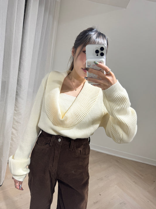 暗直紋垂領線料上衣 ( 米/黑 )