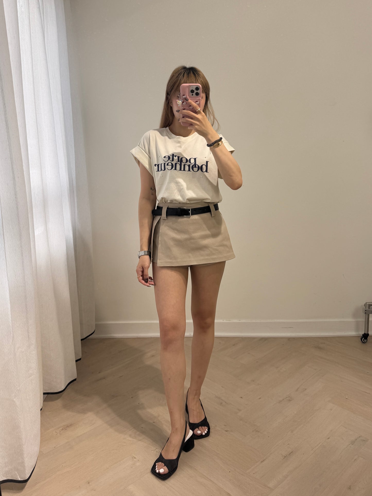 珍珠摺袖文字TEE ( 米/藍 )