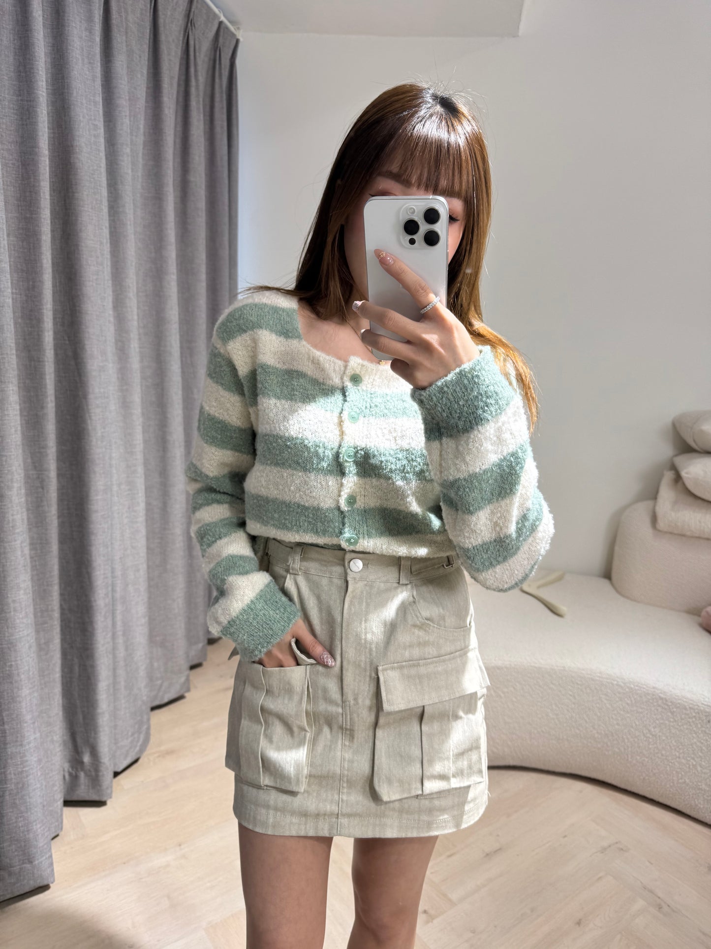 雙扣有口袋短裙褲 ( 米/藍 )