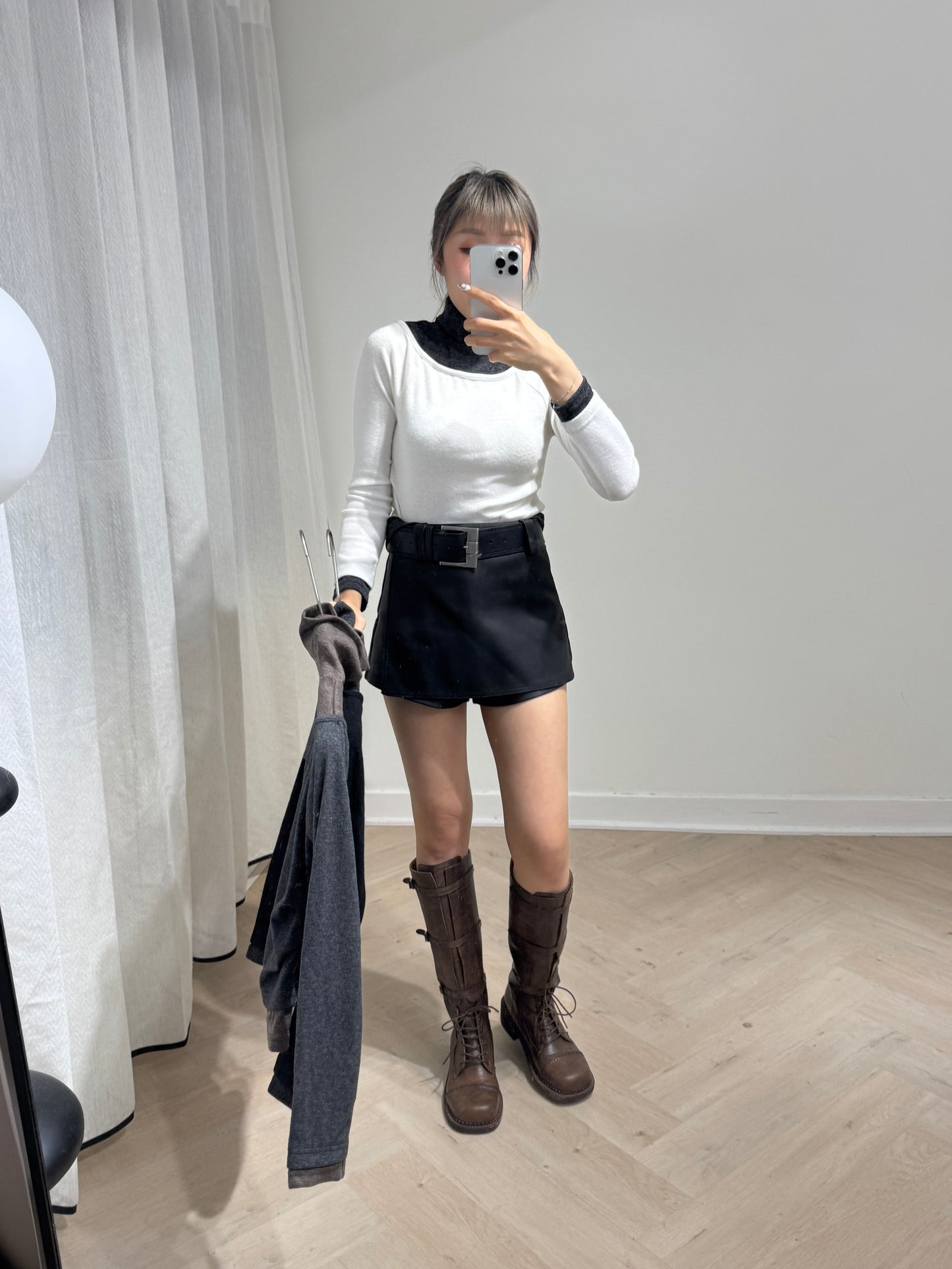 假兩件拼色樽領上衣 ( 黑白/啡灰/黑灰 )