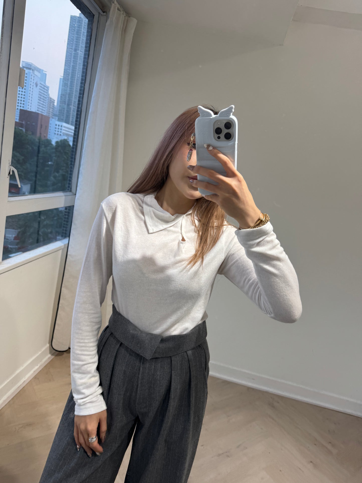 鈕扣薄料上衣 ( 深灰/白/粉 )