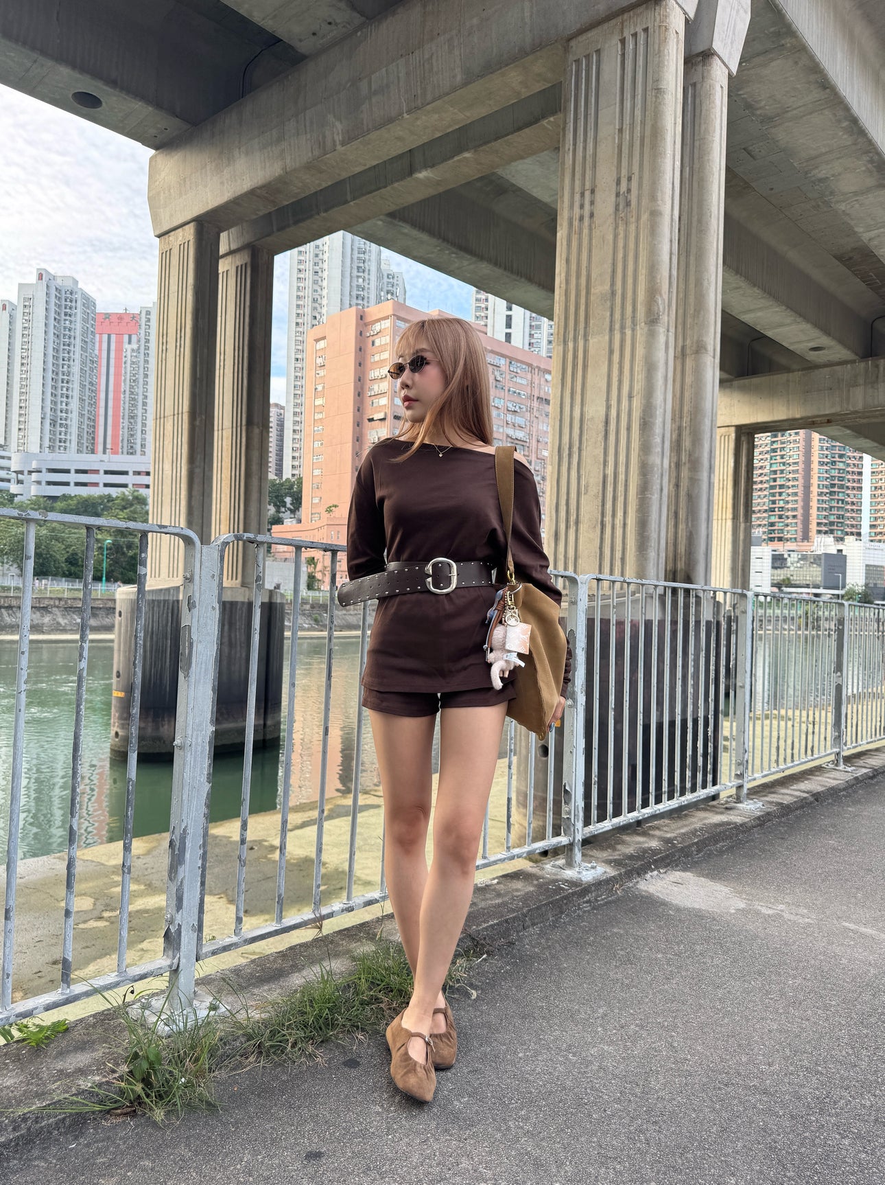 連皮帶棉質上衣 + 裙褲套裝 ( 黑/深啡 )