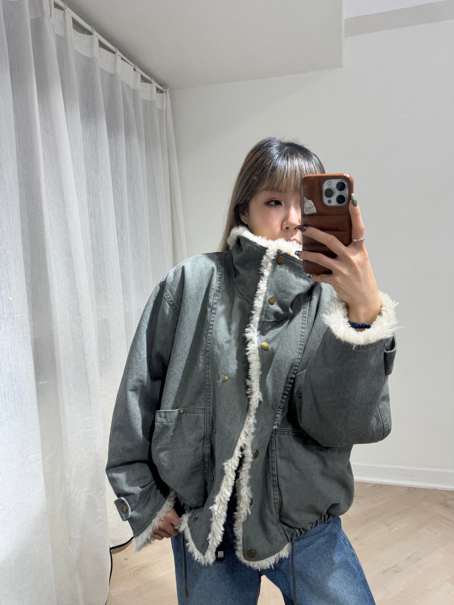 大反領毛毛洗水外套 ( 灰綠/啡 )