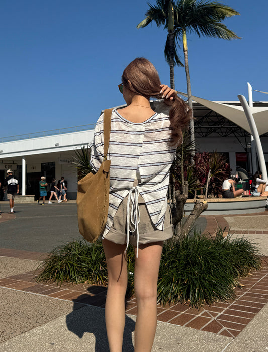 後綁繩間條薄上衣 ( 黑/白/粉 )