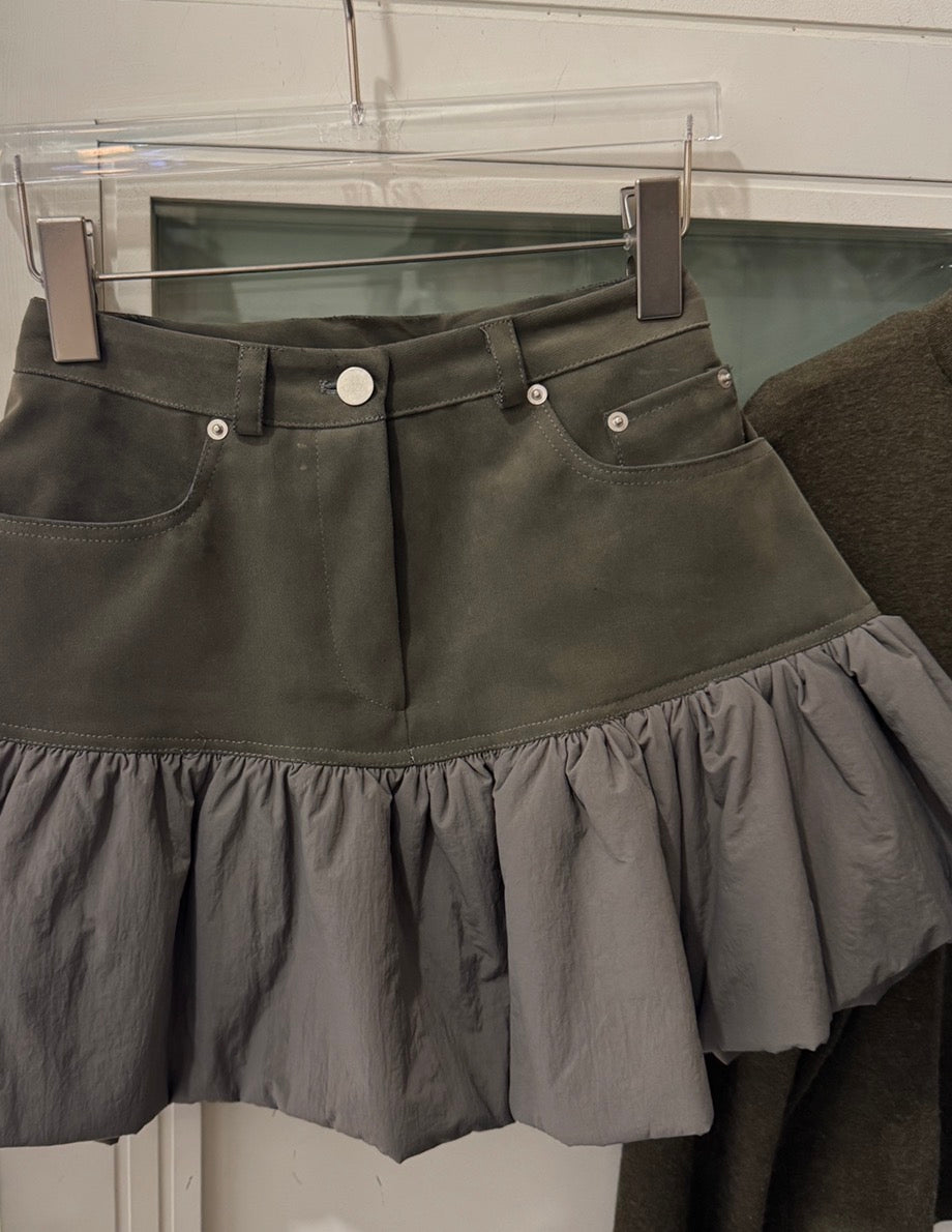 麂料併太空棉傘形短裙 ( 深藍/墨綠 )