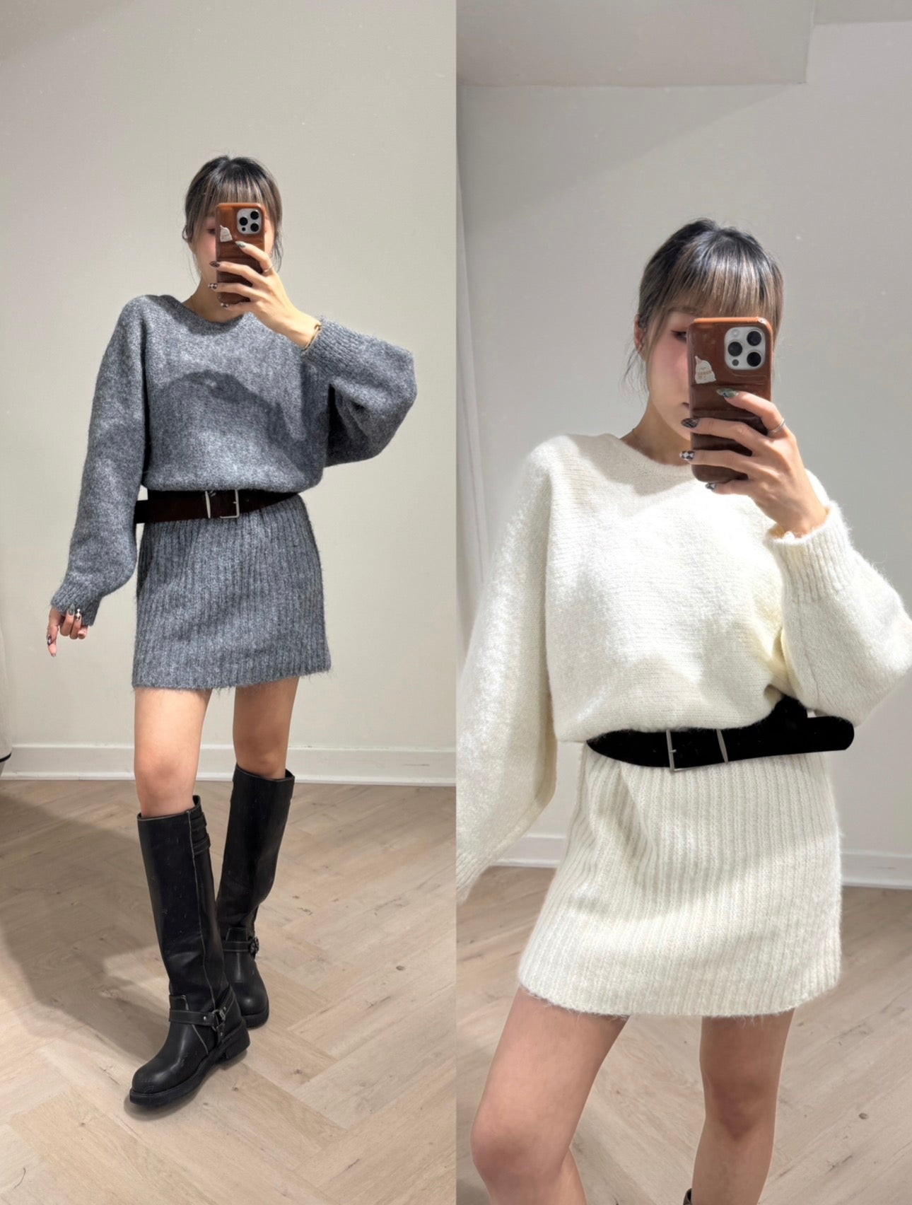 連皮帶冷線連衣裙 ( 灰/米白/啡 )