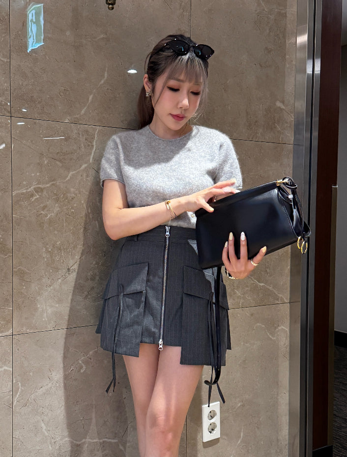 幼直紋大口袋拉鍊短裙 ( 黑/灰 )