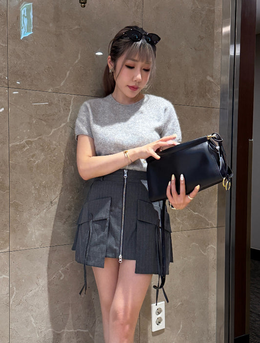 幼直紋大口袋拉鍊短裙 ( 黑/灰 )