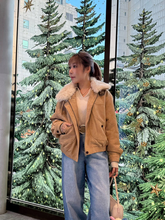 毛毛領麂布杏色外套