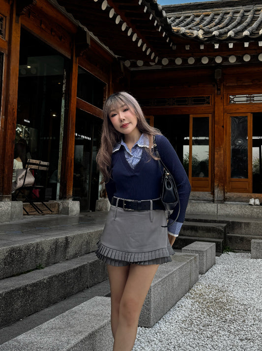 併格仔領POLO假兩件上衣 ( 黑/寶藍 )