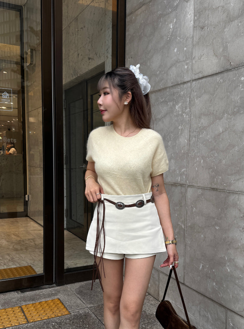 羊毛親膚短袖線上衣 ( 灰/白/粉/黃/藍 )