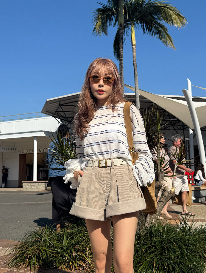 燈芯絨可反摺短褲 ( 米杏/深灰 )