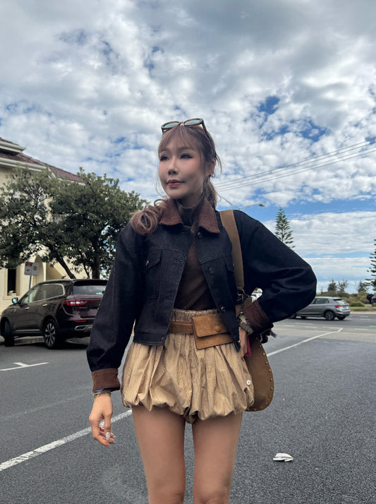 燈芯絨領牛仔短外套 ( 深藍/啡 )