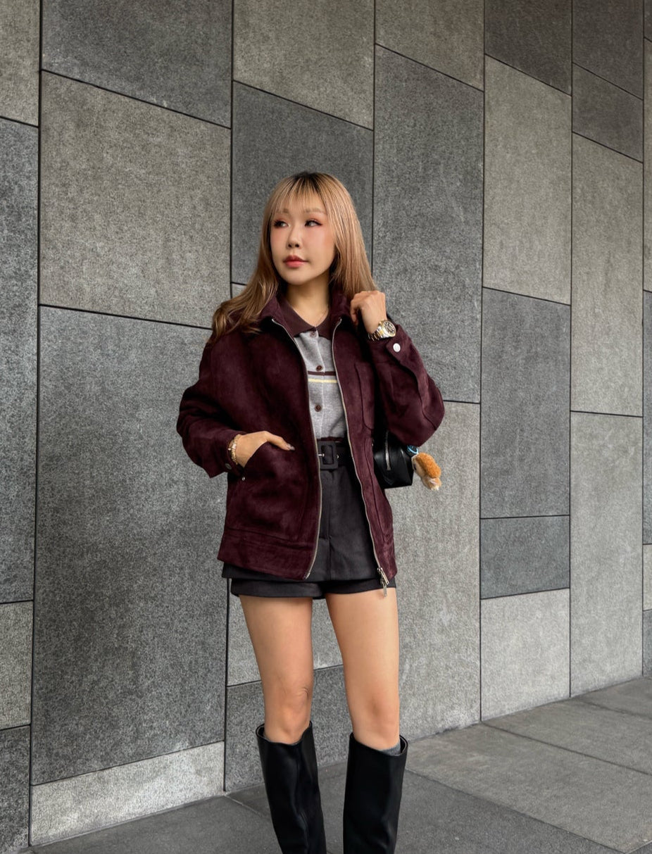 麂布有領拉鍊外套 ( 酒紅/杏 )