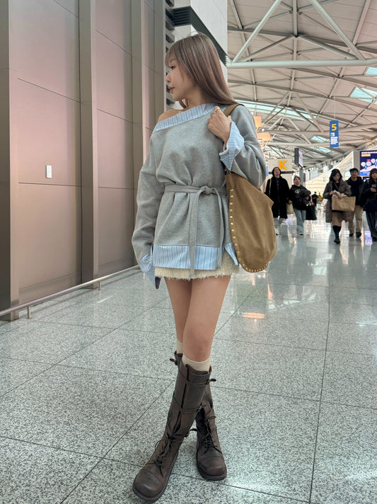 併恤衫邊綁帶衛衣 ( 黑/灰 )