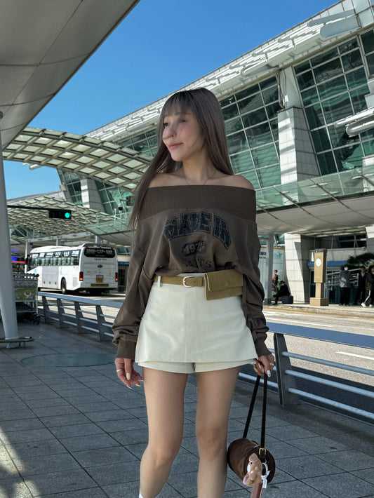 復古PRINT一字衛衣 ( 啡/寶藍 )