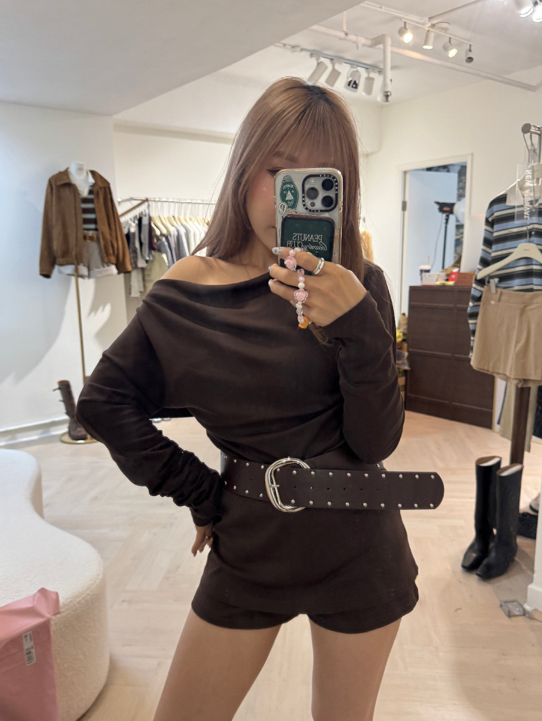 連皮帶棉質上衣 + 裙褲套裝 ( 黑/深啡 )