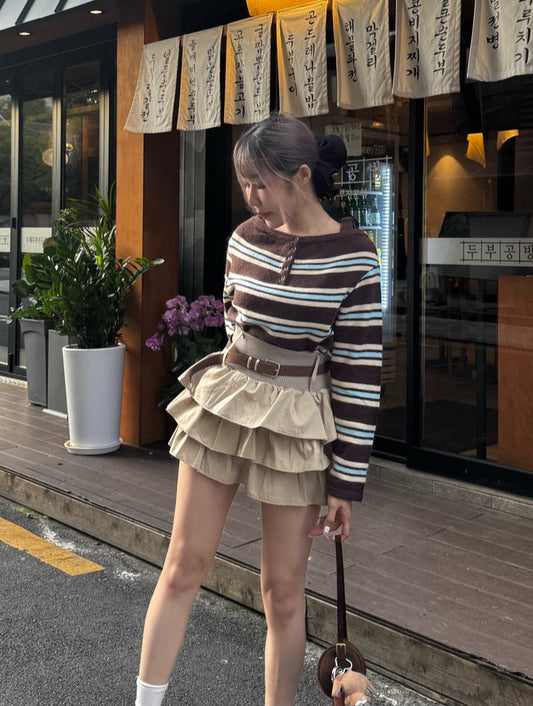 小露肩併色間條冷線上衣