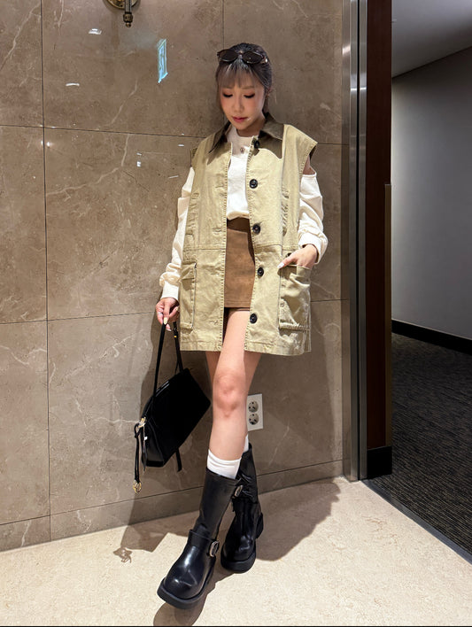 杏色牛仔併燈芯絨領背心外套