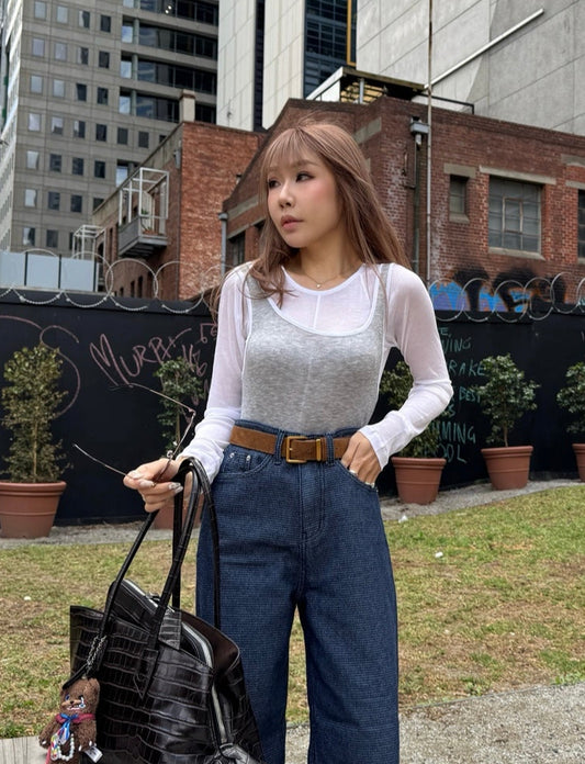 併邊背心 + 長袖上衣套裝SET ( 淺藍/灰白 )