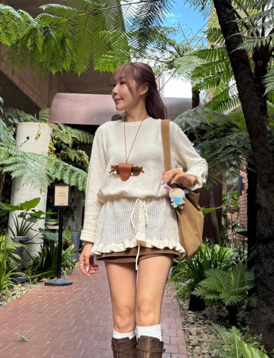 通花下擺綿線修腰長上衣 ( 米/灰 )