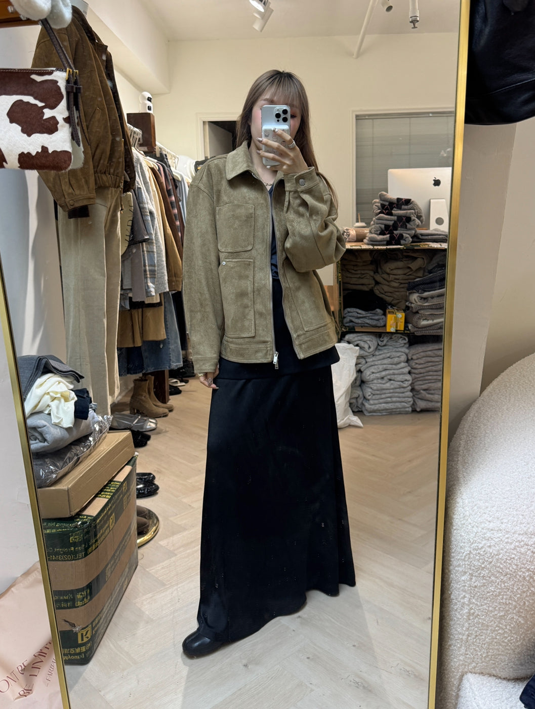 麂布有領拉鍊外套 ( 酒紅/杏 )