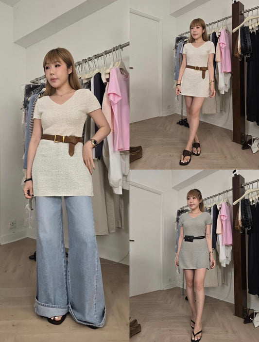 毛巾料短袖長款上衣 ( 灰/米白 )