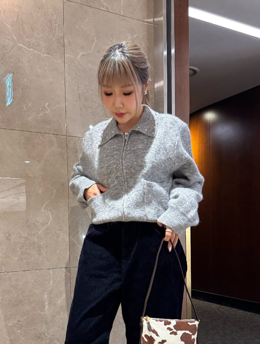 銀釘領拉鍊口袋上衣外套 ( 黑/灰 )