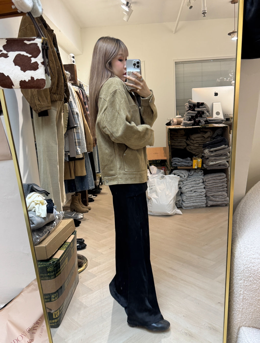 麂布有領拉鍊外套 ( 酒紅/杏 )