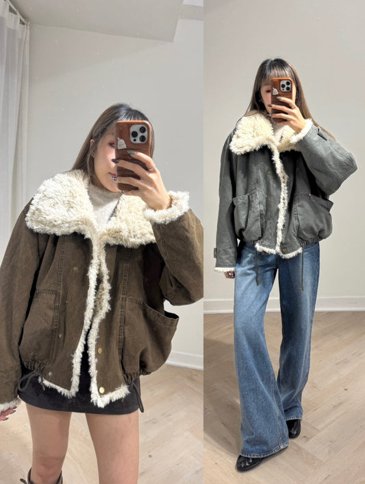 大反領毛毛洗水外套 ( 灰綠/啡 )