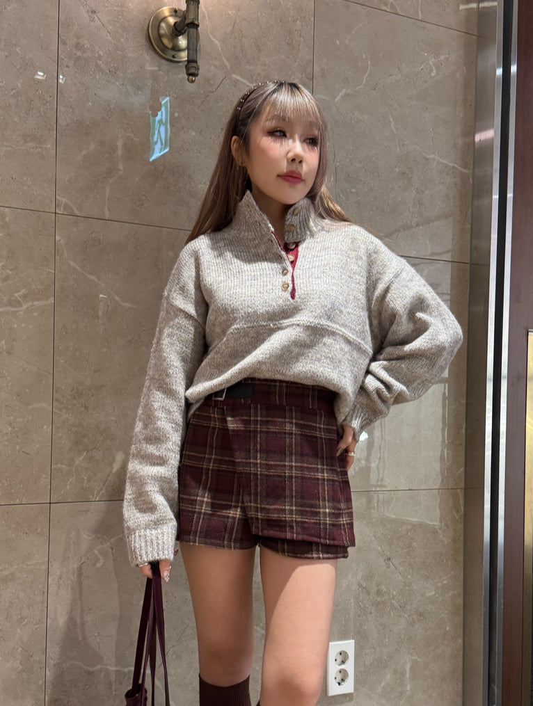 格紋假皮帶薄絨裙褲 ( 紅/灰 )