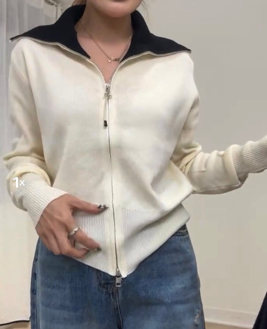 併色反領拉鍊上衣外套 ( 米白/深藍 )