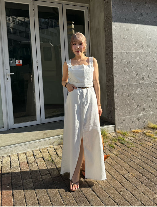 工人款背心 + 開叉長裙 ( 白/藍 )