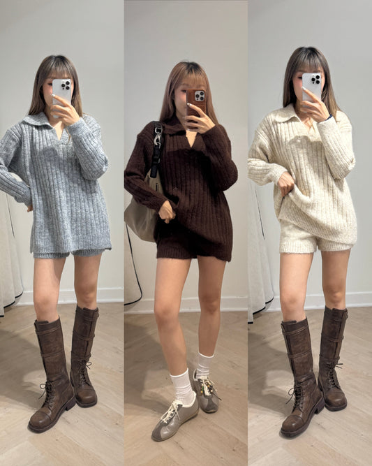 暗直紋POLO + 短褲套裝SET ( 米/灰/啡 )