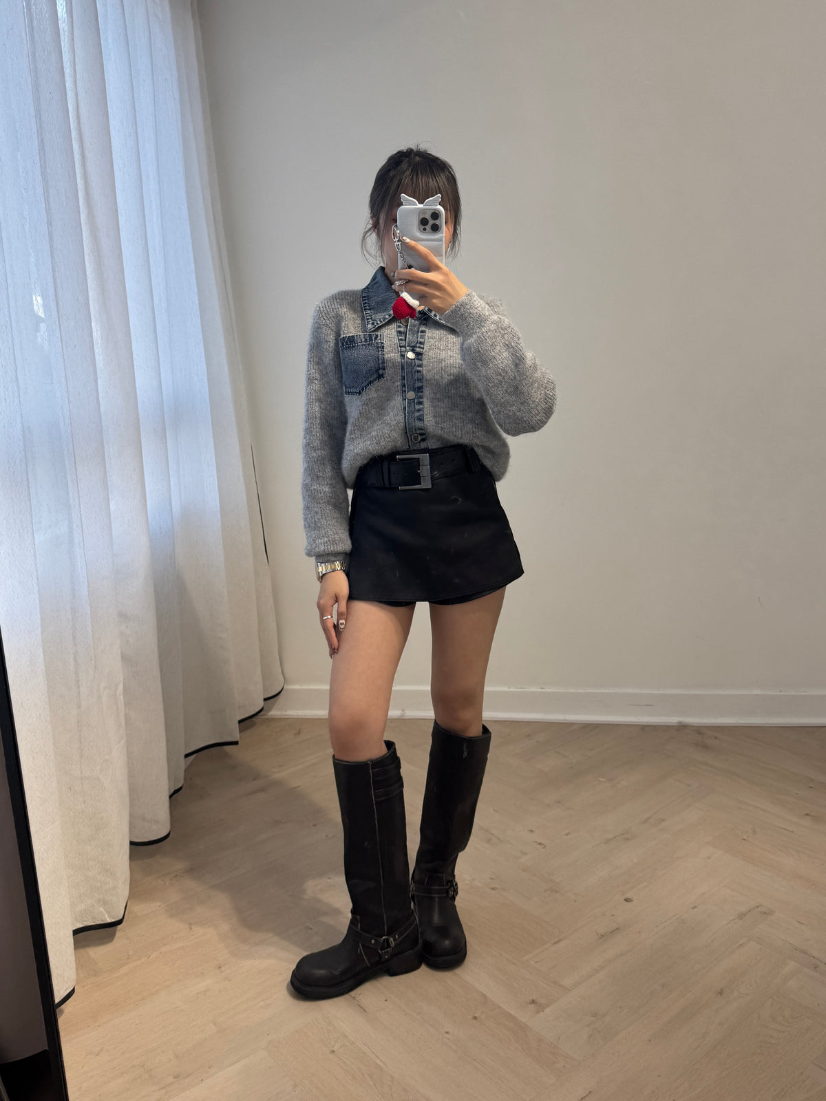 牛仔併冷線上衣外套 ( 米/灰 )