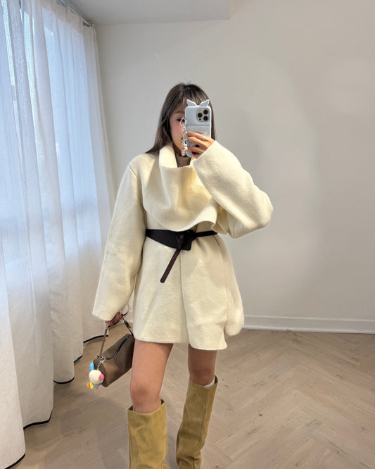 連粗BELT披肩形外套 ( 米白/啡 )