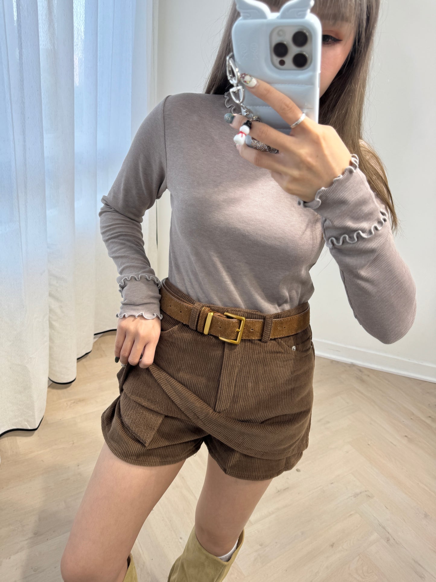 燈芯絨層次裙褲 ( 黑/啡 )