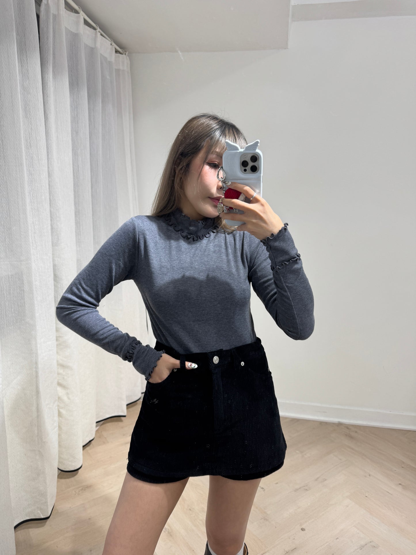 燈芯絨層次裙褲 ( 黑/啡 )