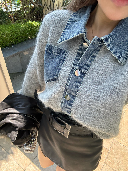 牛仔併冷線上衣外套 ( 米/灰 )