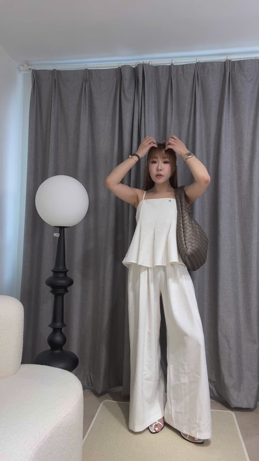 挺棉麻背心長褲套裝 ( 黑/米白 )